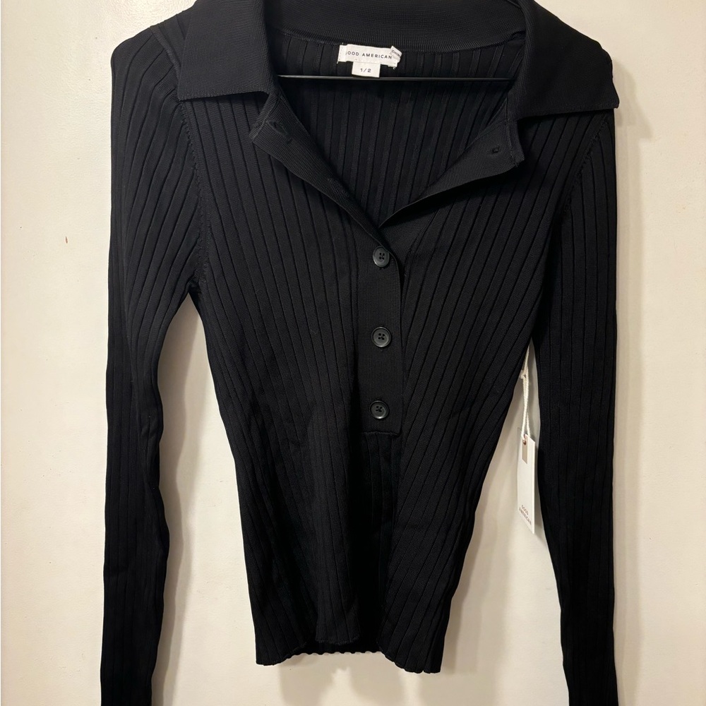 NWT Good American Ribbed-Knit Polo Shirt - Picture 5 of 6